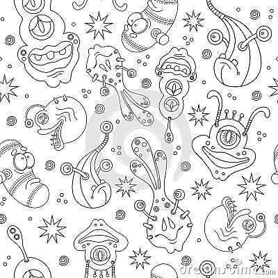 A seamless background pattern of happy, floating, cartoon, vector aliens monsters. Kiddy wallpaper or linen cloth textile design. Vector Illustration